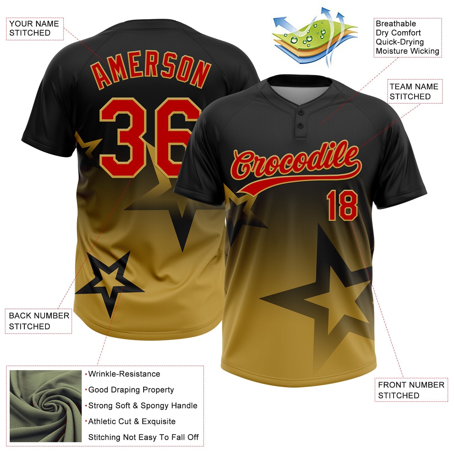 Custom Black Red-Old Gold Gradient Style Twinkle Star Two-Button Unisex Softball Jersey view 3