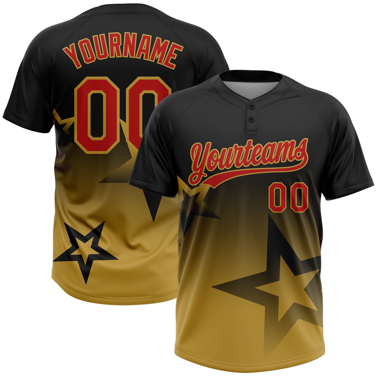 Custom Black Red-Old Gold Gradient Style Twinkle Star Two-Button Unisex Softball Jersey - Main View