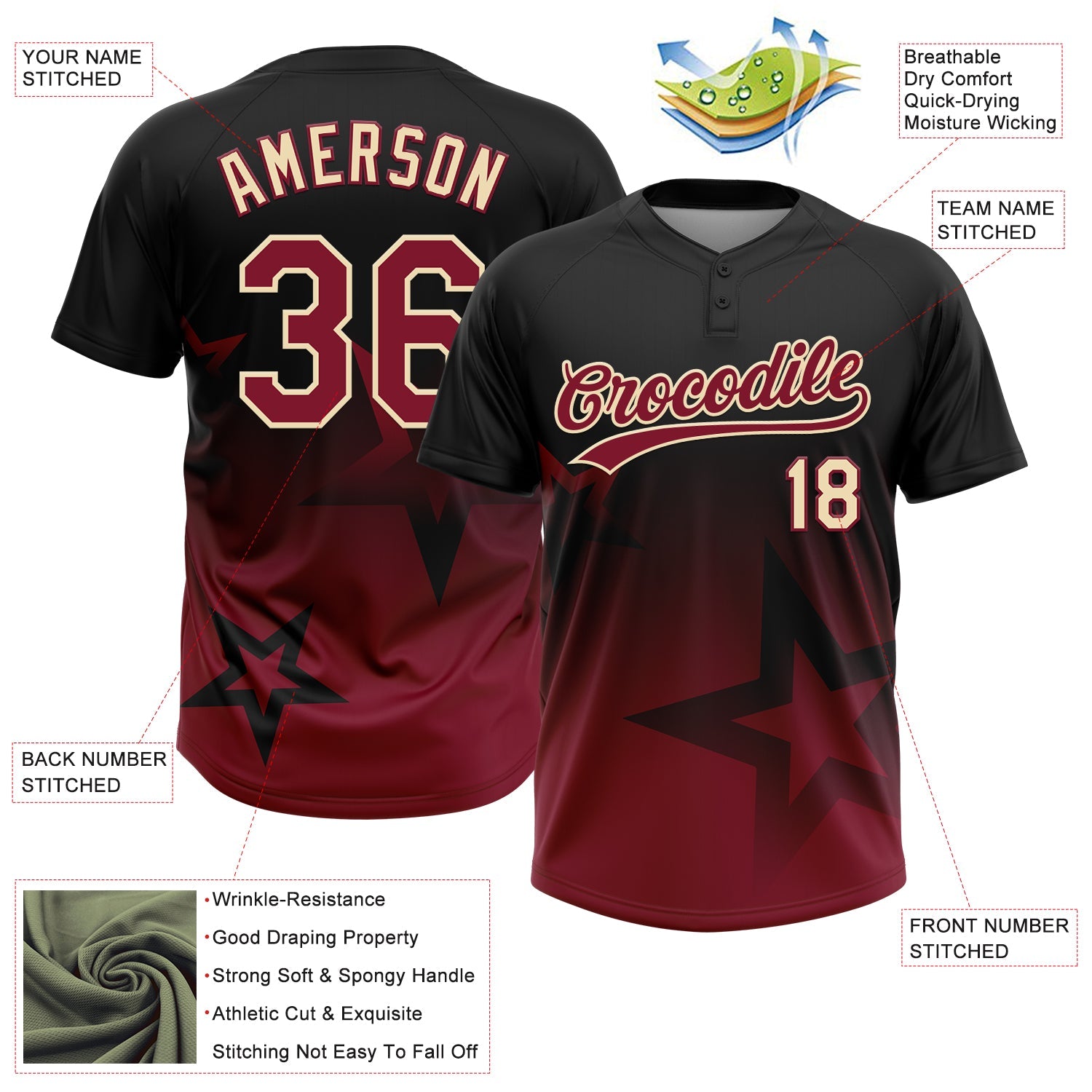 Custom Black Crimson-Cream Gradient Style Twinkle Star Two-Button Unisex Softball Jersey view 3