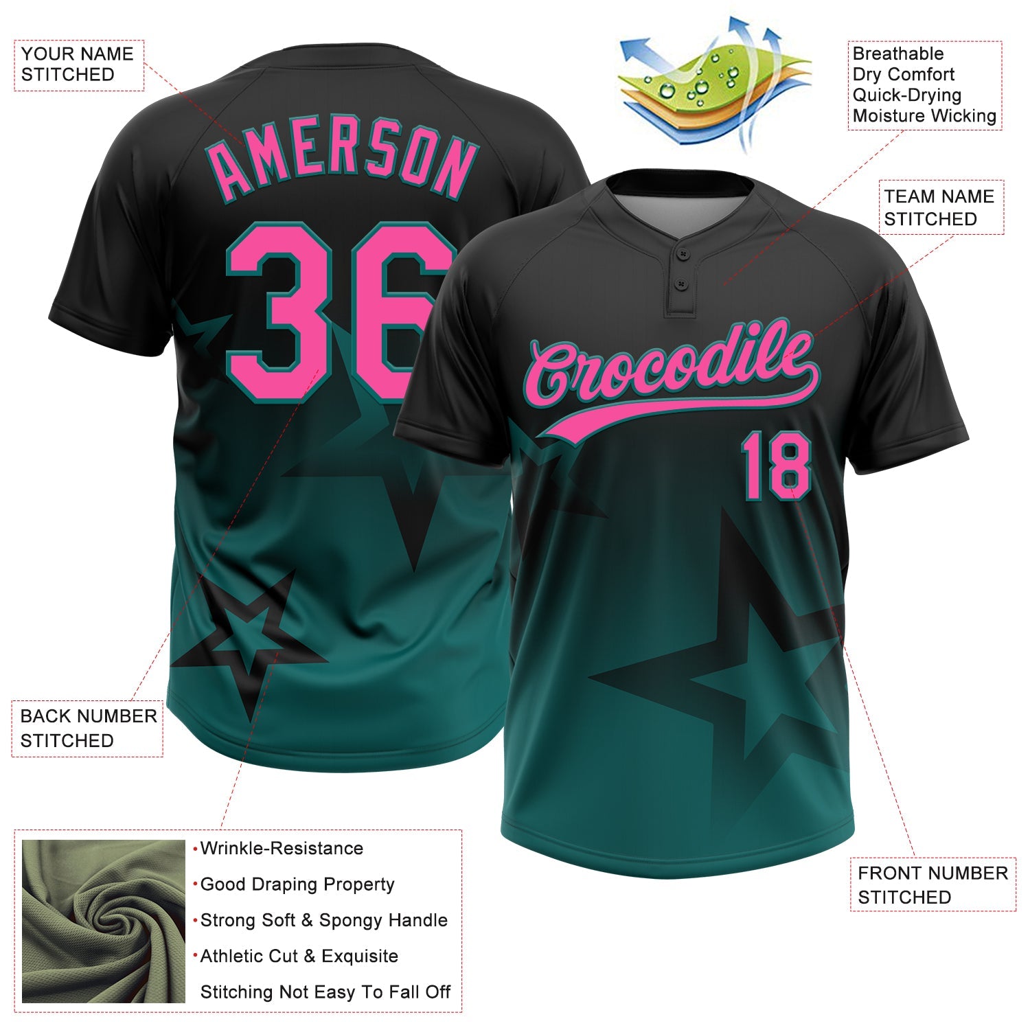 Custom Black Pink-Teal Gradient Style Twinkle Star Two-Button Unisex Softball Jersey view 3