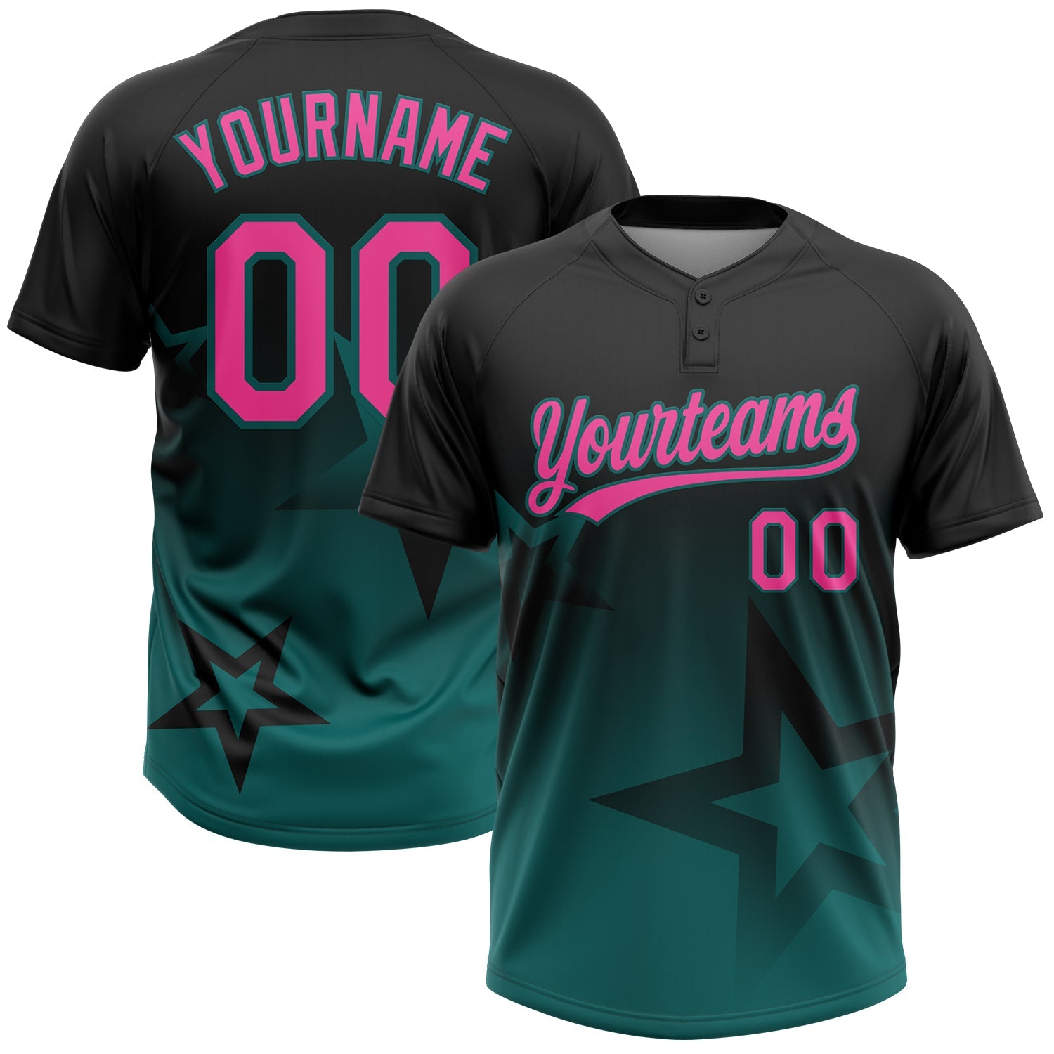Custom Black Pink-Teal Gradient Style Twinkle Star Two-Button Unisex Softball Jersey - Main View