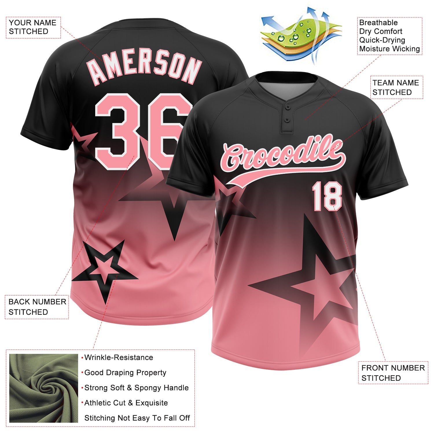 Custom Black Medium Pink-White Gradient Style Twinkle Star Two-Button Unisex Softball Jersey view 3