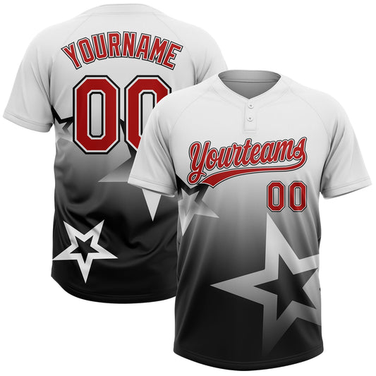 Custom White Red-Black Gradient Style Twinkle Star Two-Button Unisex Softball Jersey - Main View