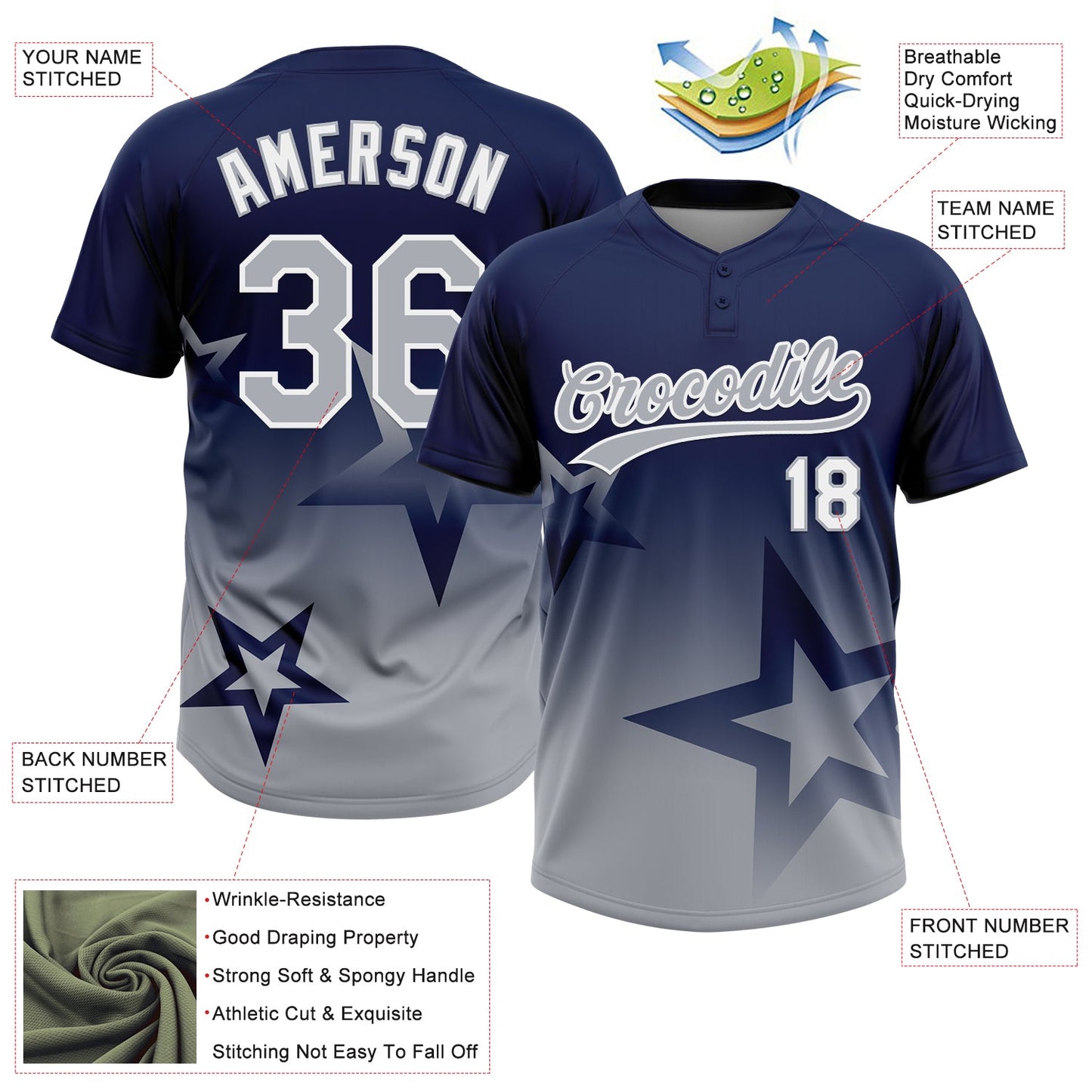Custom Navy Gray-White Gradient Style Twinkle Star Two-Button Unisex Softball Jersey view 3