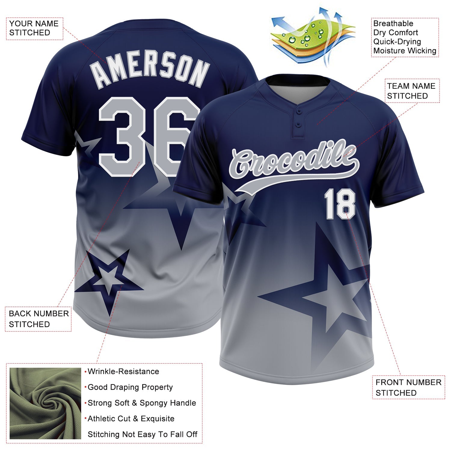 Custom Navy Gray-White Gradient Style Twinkle Star Two-Button Unisex Softball Jersey view 3