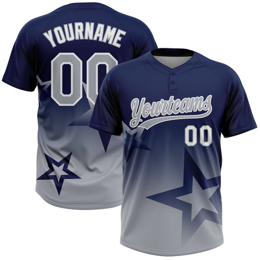 Custom Navy Gray-White Gradient Style Twinkle Star Two-Button Unisex Softball Jersey - Main View