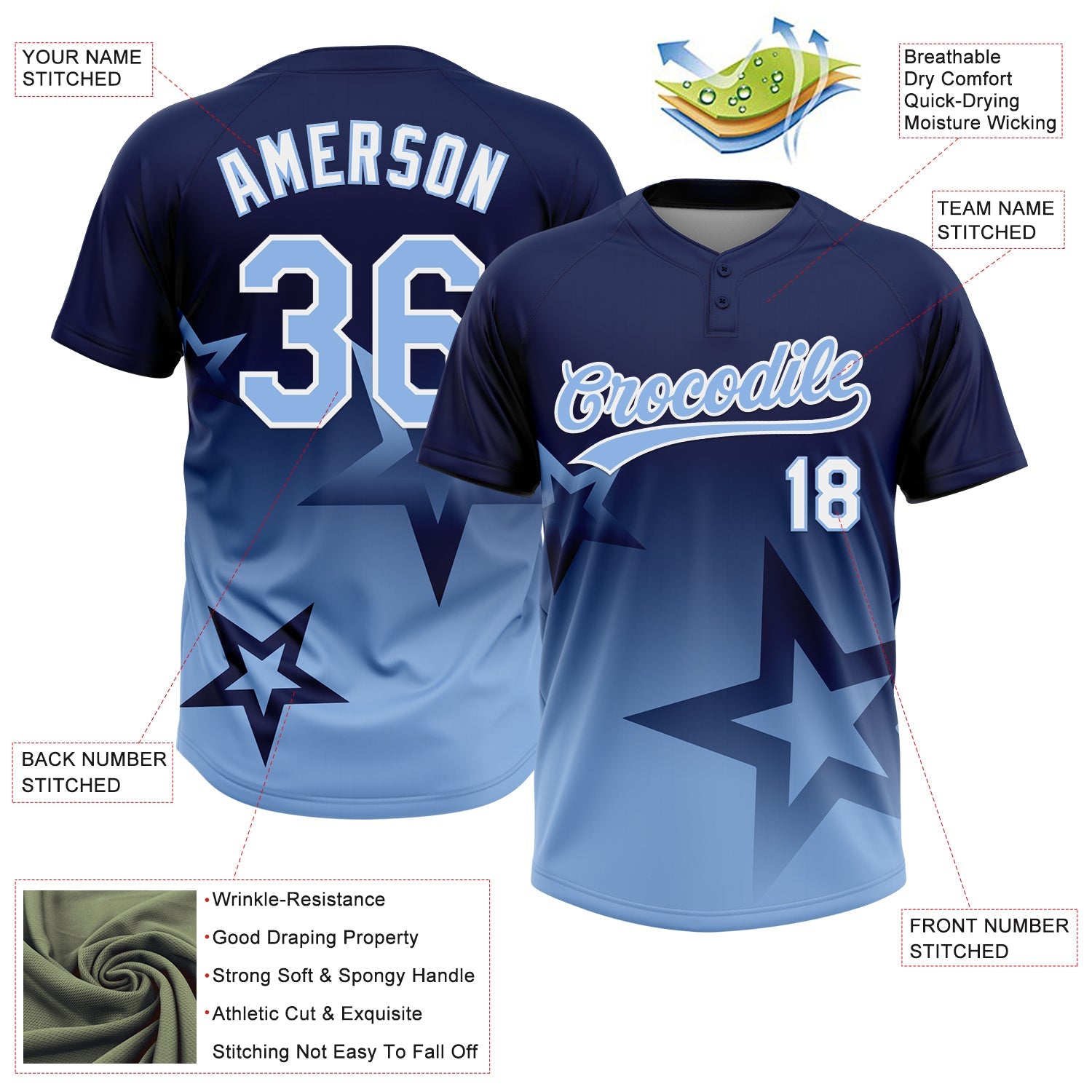 Custom Navy Light Blue-White Gradient Style Twinkle Star Two-Button Unisex Softball Jersey view 3