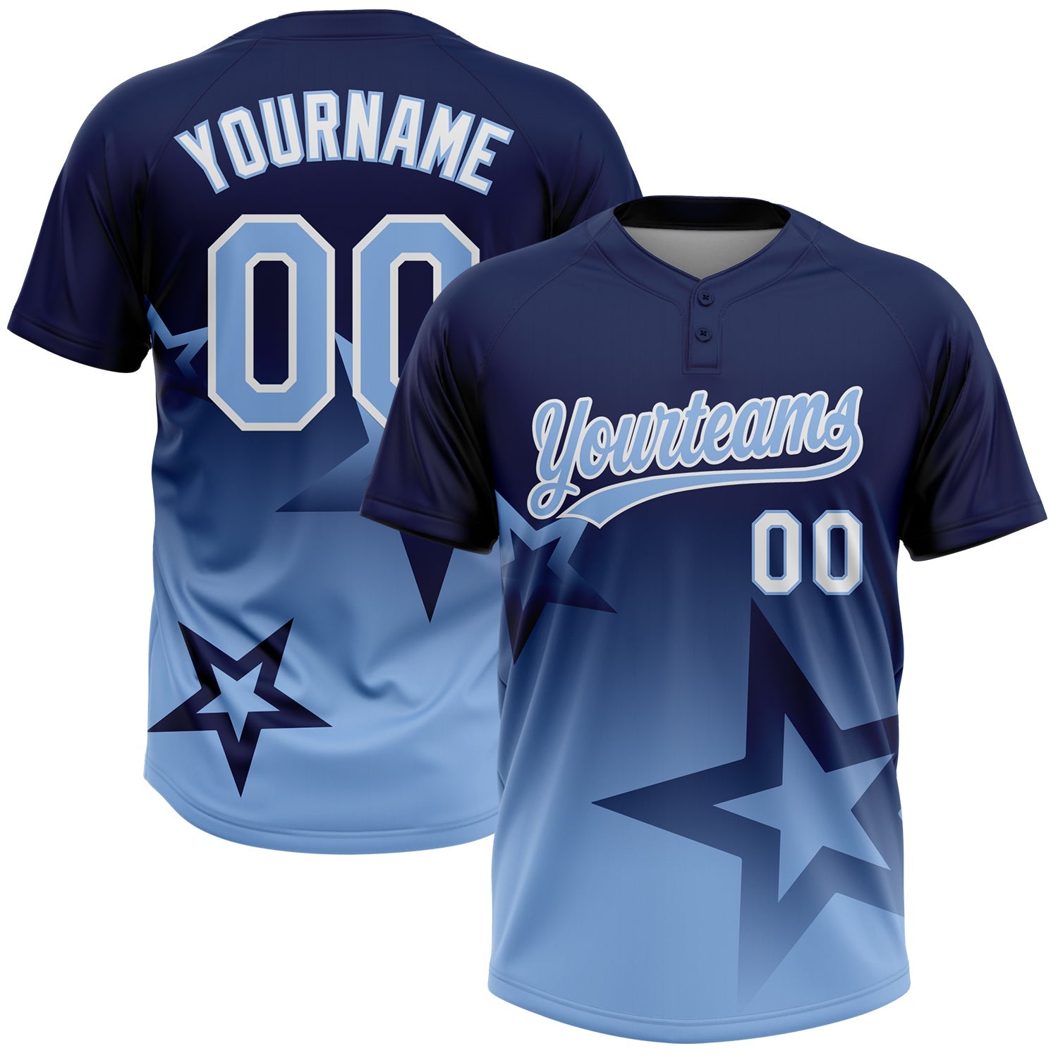 Custom Navy Light Blue-White Gradient Style Twinkle Star Two-Button Unisex Softball Jersey - Main View