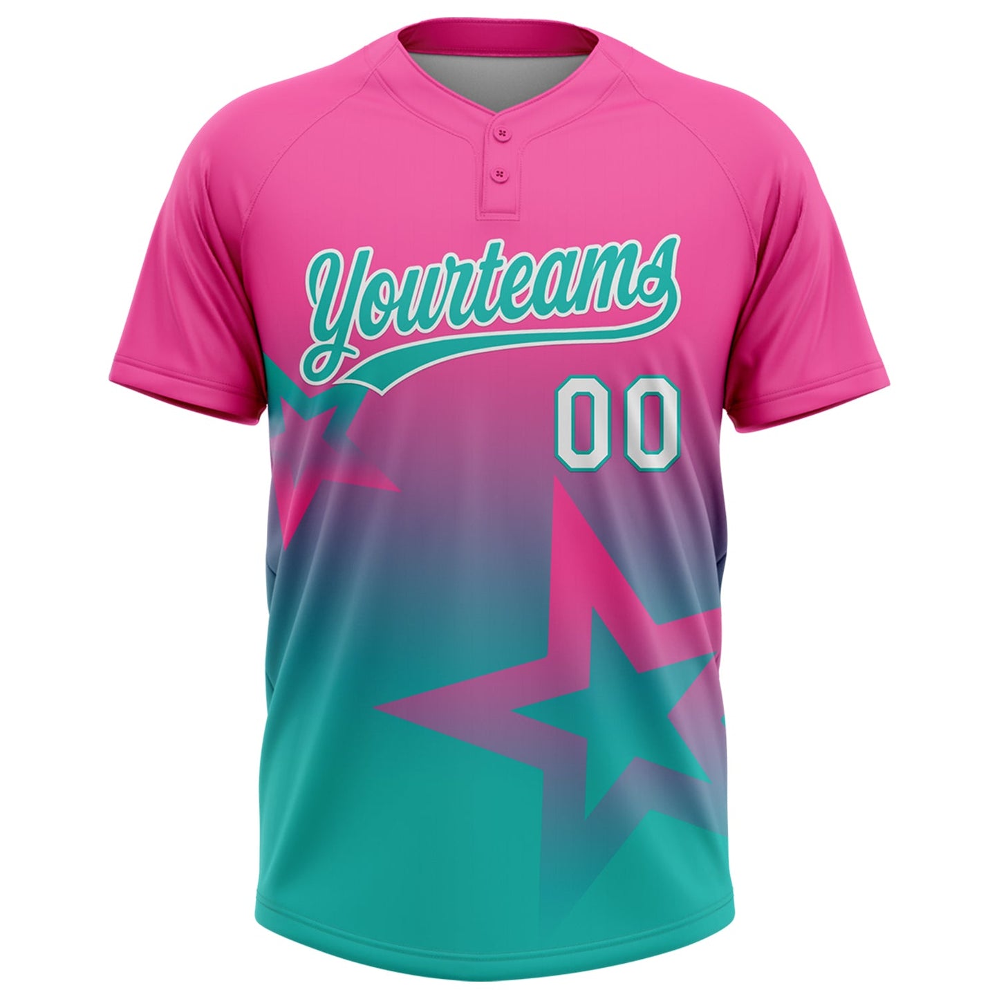 Custom Pink Aqua-White Gradient Style Twinkle Star Two-Button Unisex Softball Jersey view 2