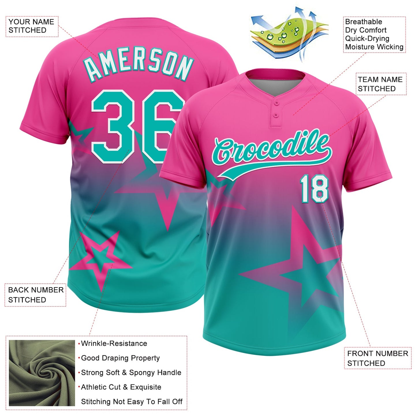 Custom Pink Aqua-White Gradient Style Twinkle Star Two-Button Unisex Softball Jersey view 3