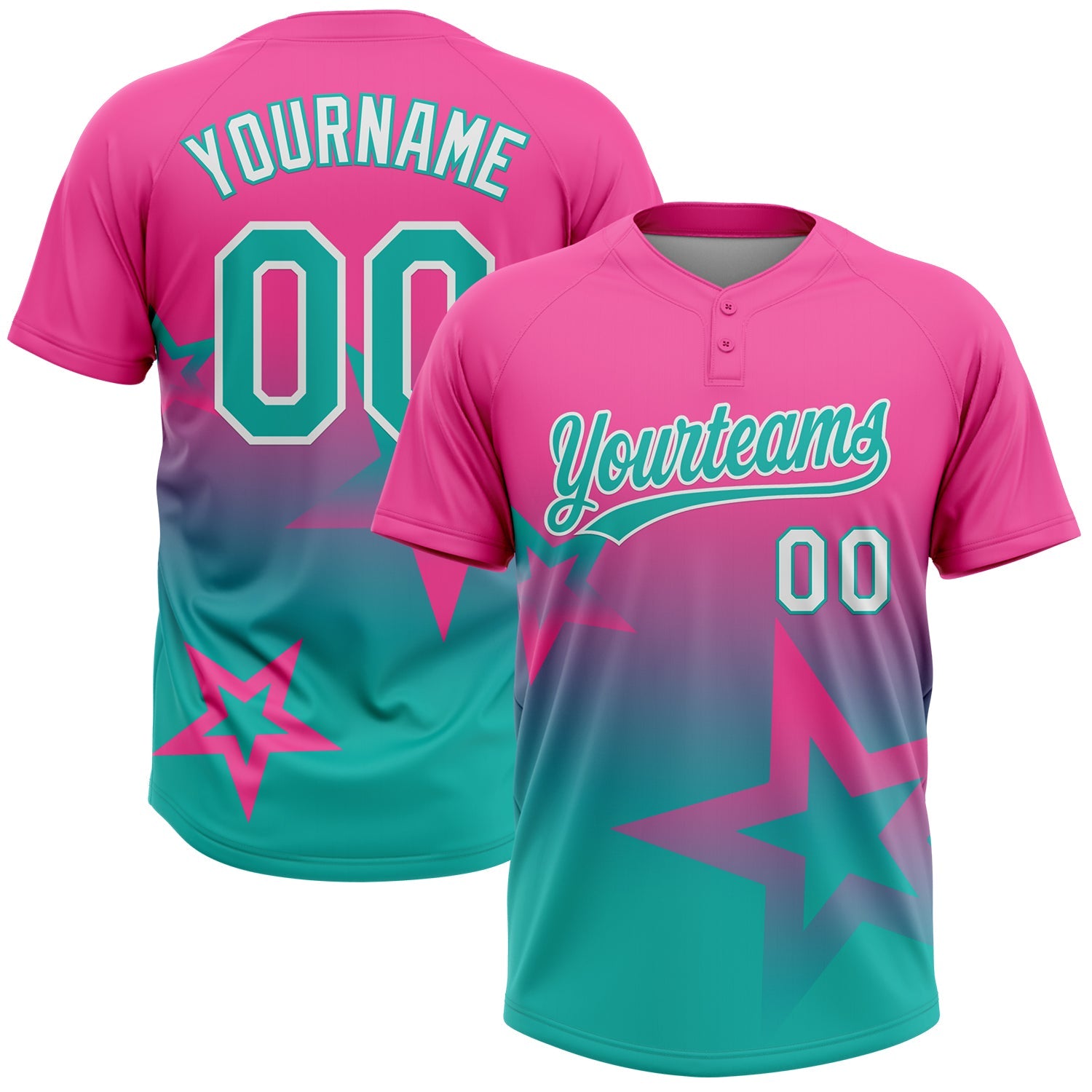 Custom Pink Aqua-White Gradient Style Twinkle Star Two-Button Unisex Softball Jersey - Main View