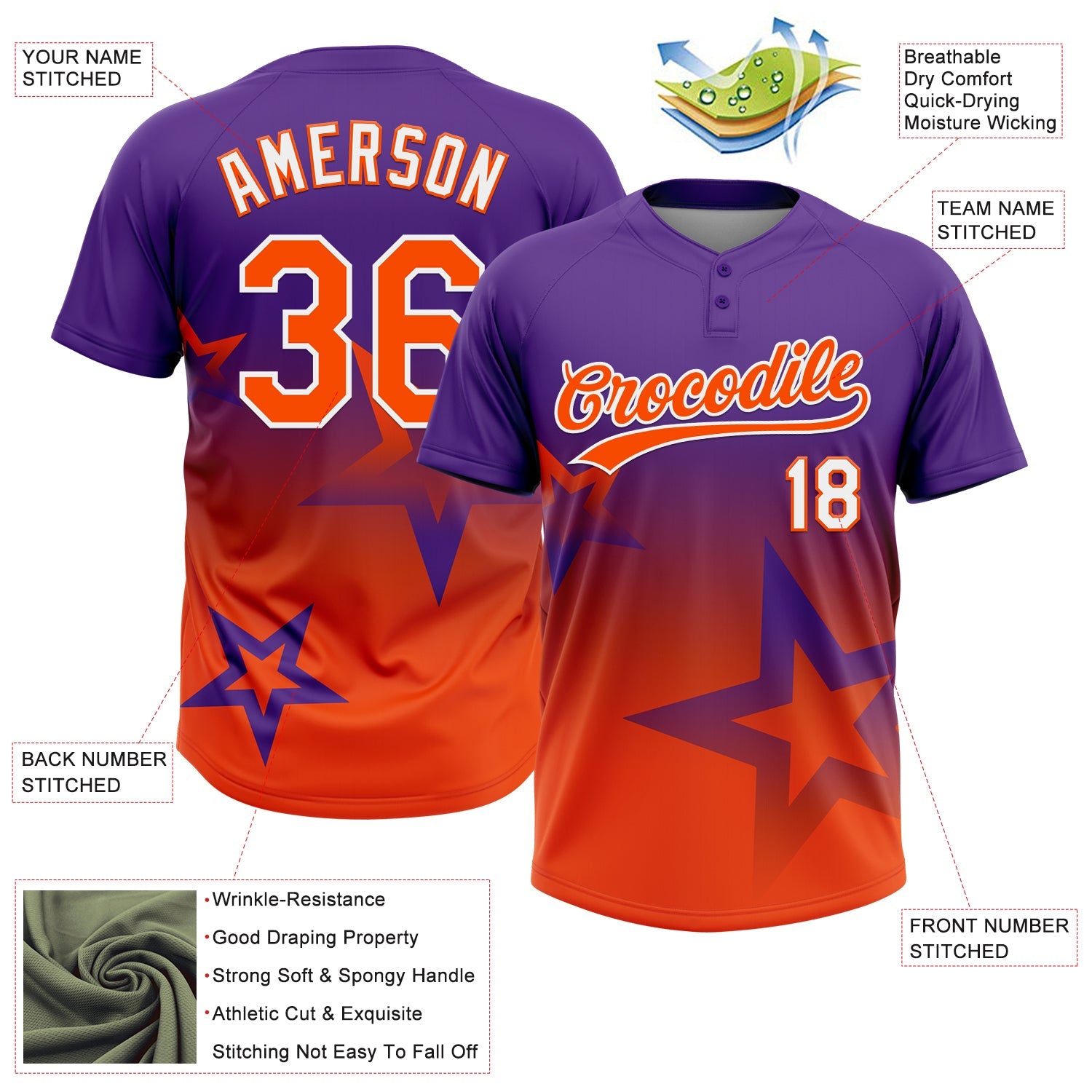 Custom Purple Orange-White Gradient Style Twinkle Star Two-Button Unisex Softball Jersey view 3