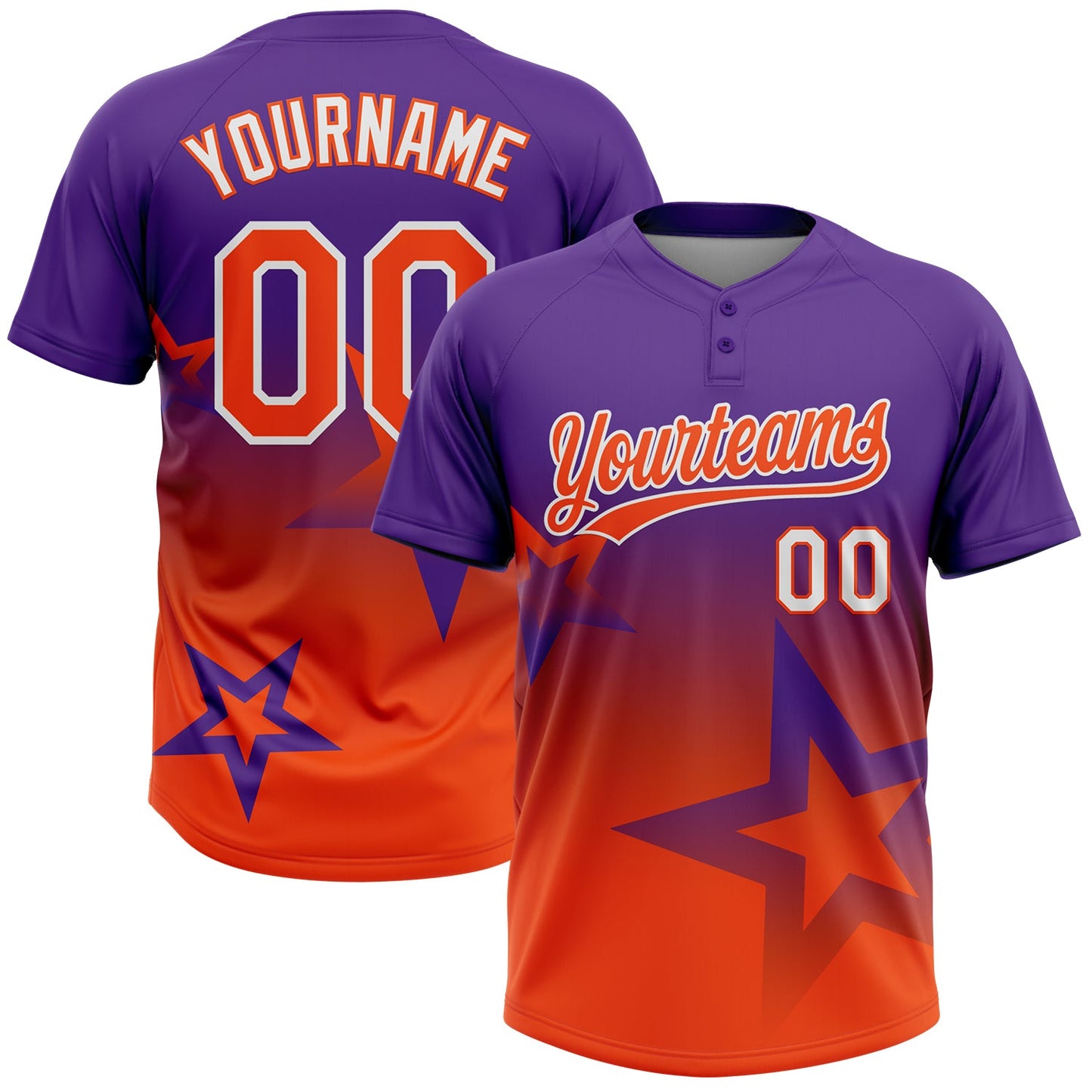 Custom Purple Orange-White Gradient Style Twinkle Star Two-Button Unisex Softball Jersey - Main View