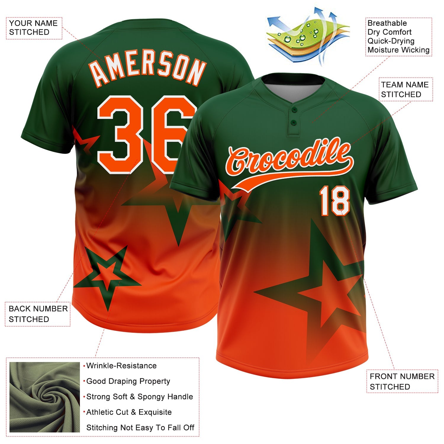 Custom Green Orange-White Gradient Style Twinkle Star Two-Button Unisex Softball Jersey view 3