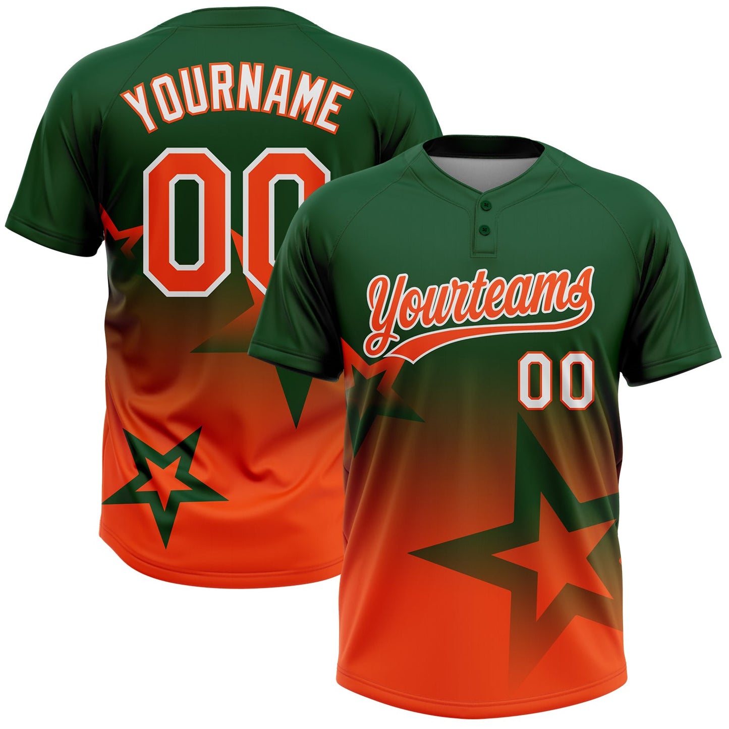 Custom Green Orange-White Gradient Style Twinkle Star Two-Button Unisex Softball Jersey - Main View