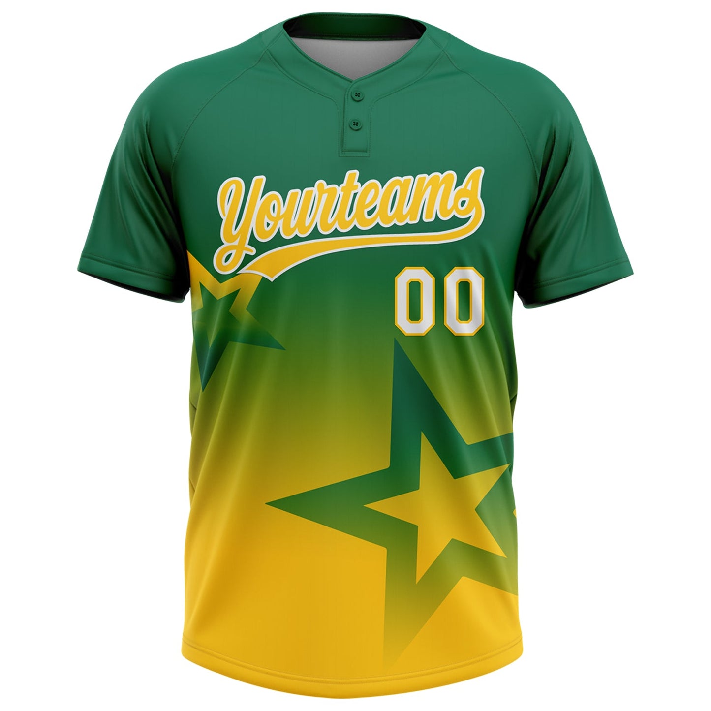 Custom Kelly Green Yellow-White Gradient Style Twinkle Star Two-Button Unisex Softball Jersey view 2