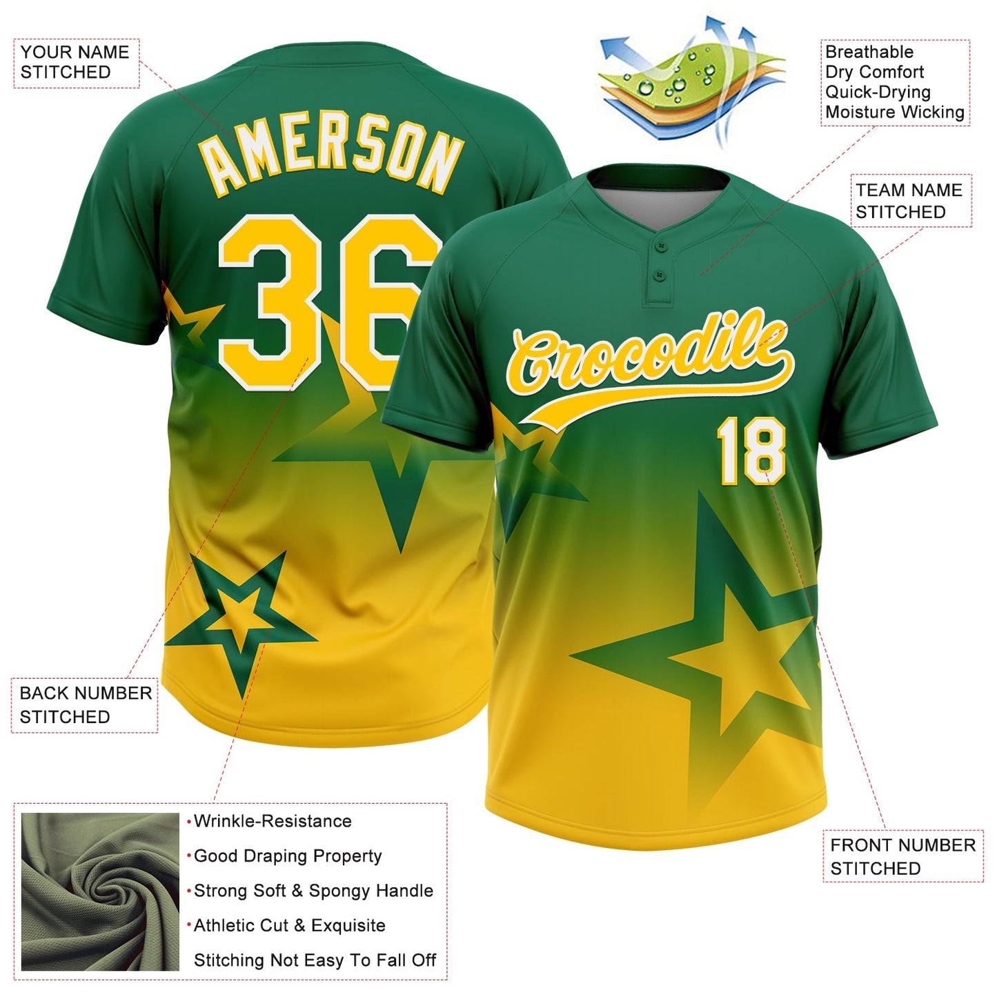 Custom Kelly Green Yellow-White Gradient Style Twinkle Star Two-Button Unisex Softball Jersey view 3