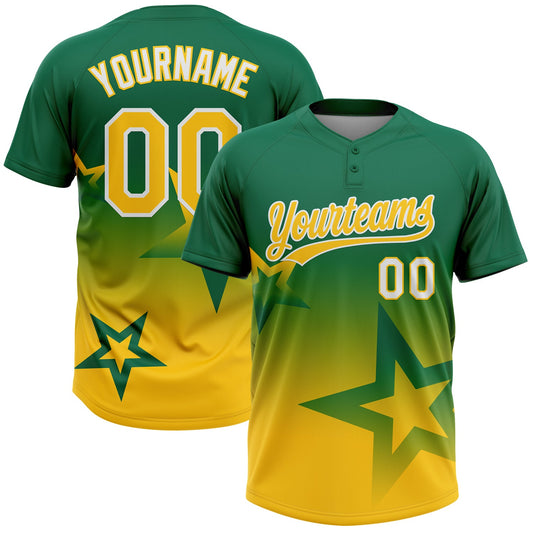 Custom Kelly Green Yellow-White Gradient Style Twinkle Star Two-Button Unisex Softball Jersey - Main View