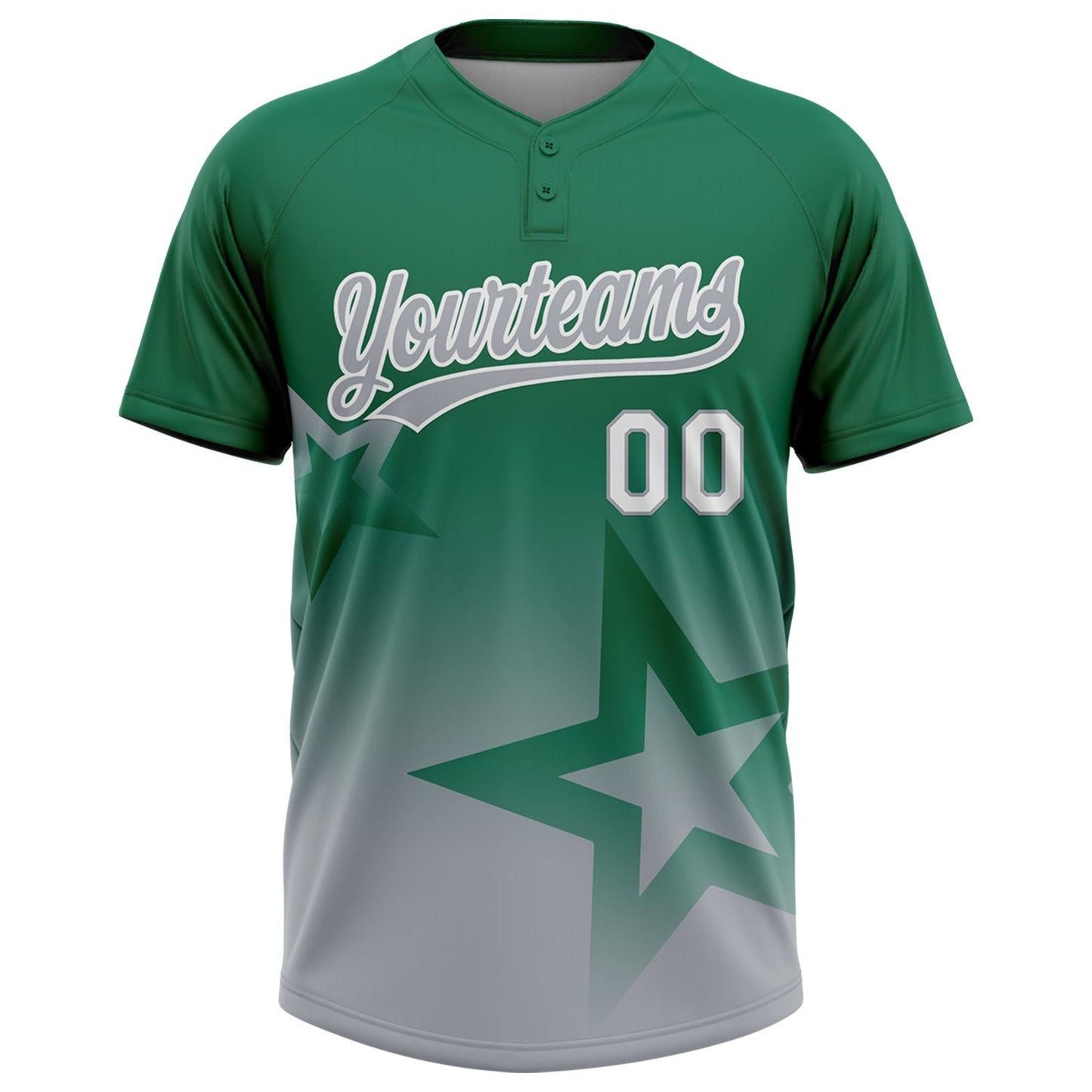 Custom Kelly Green Gray-White Gradient Style Twinkle Star Two-Button Unisex Softball Jersey view 2
