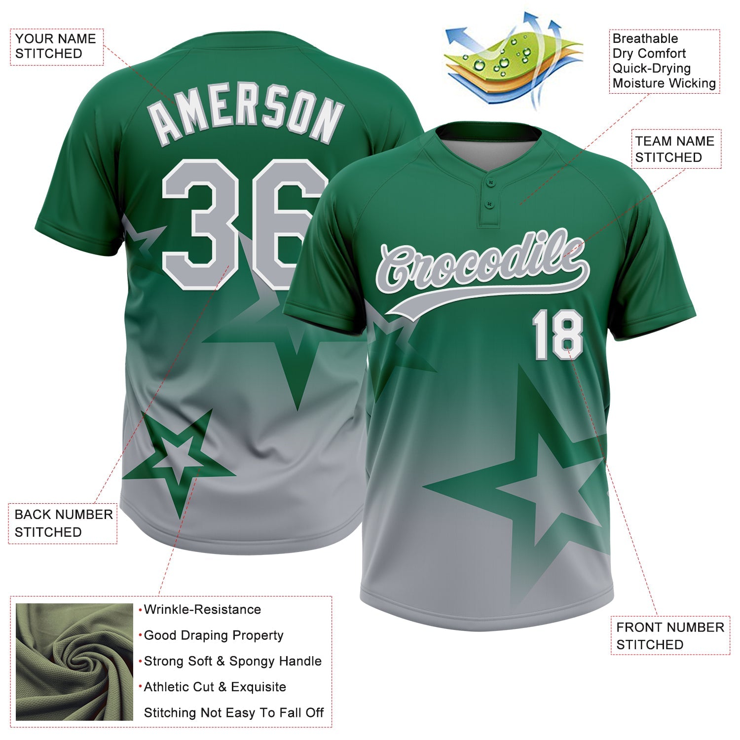 Custom Kelly Green Gray-White Gradient Style Twinkle Star Two-Button Unisex Softball Jersey view 3
