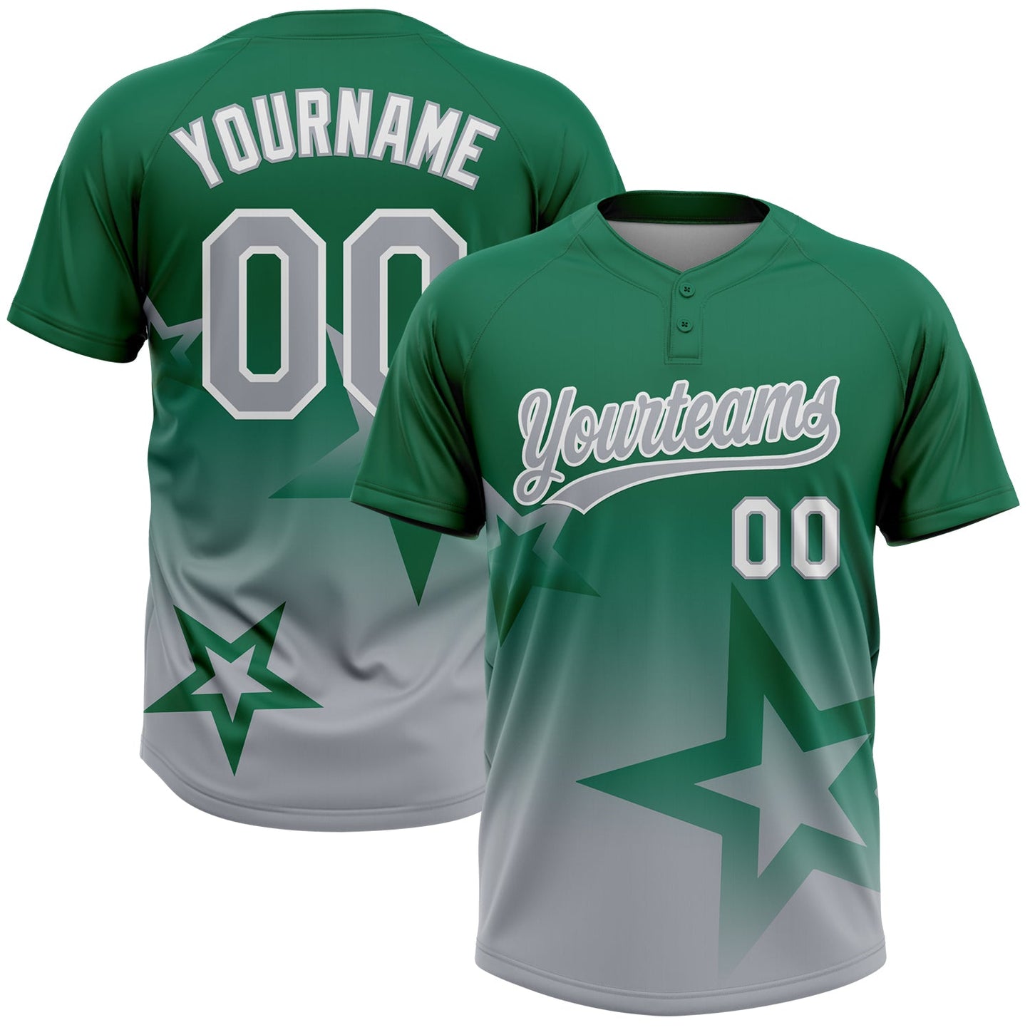 Custom Kelly Green Gray-White Gradient Style Twinkle Star Two-Button Unisex Softball Jersey - Main View