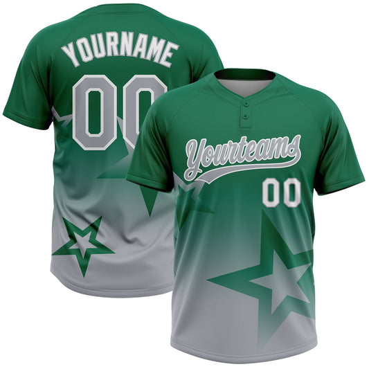 Custom Kelly Green Gray-White Gradient Style Twinkle Star Two-Button Unisex Softball Jersey - Main View