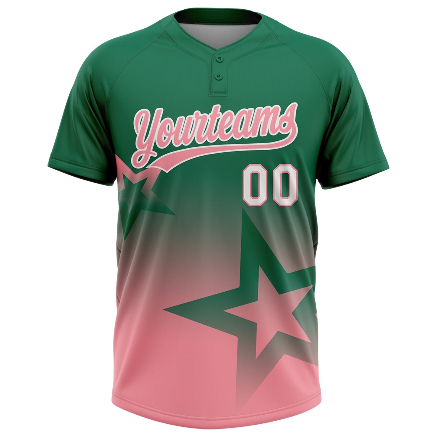 Custom Kelly Green Medium Pink-White Gradient Style Twinkle Star Two-Button Unisex Softball Jersey view 2