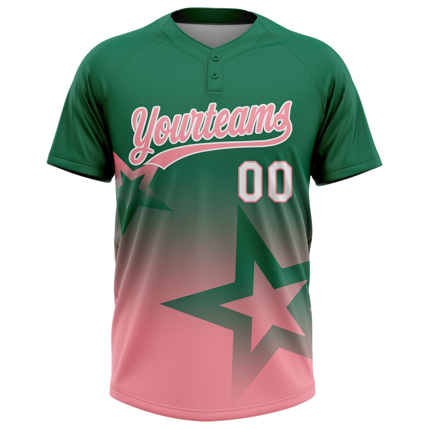 Custom Kelly Green Medium Pink-White Gradient Style Twinkle Star Two-Button Unisex Softball Jersey view 2