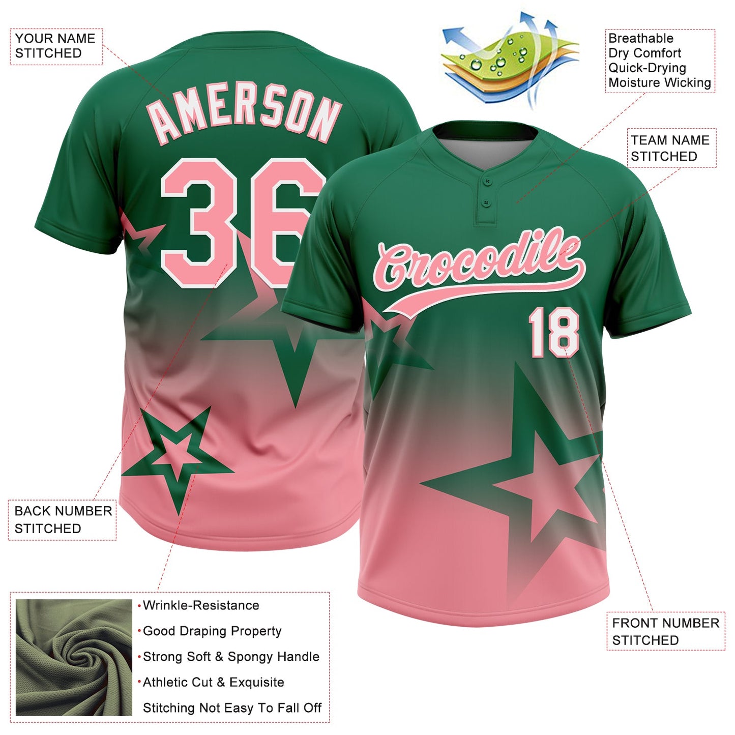 Custom Kelly Green Medium Pink-White Gradient Style Twinkle Star Two-Button Unisex Softball Jersey view 3