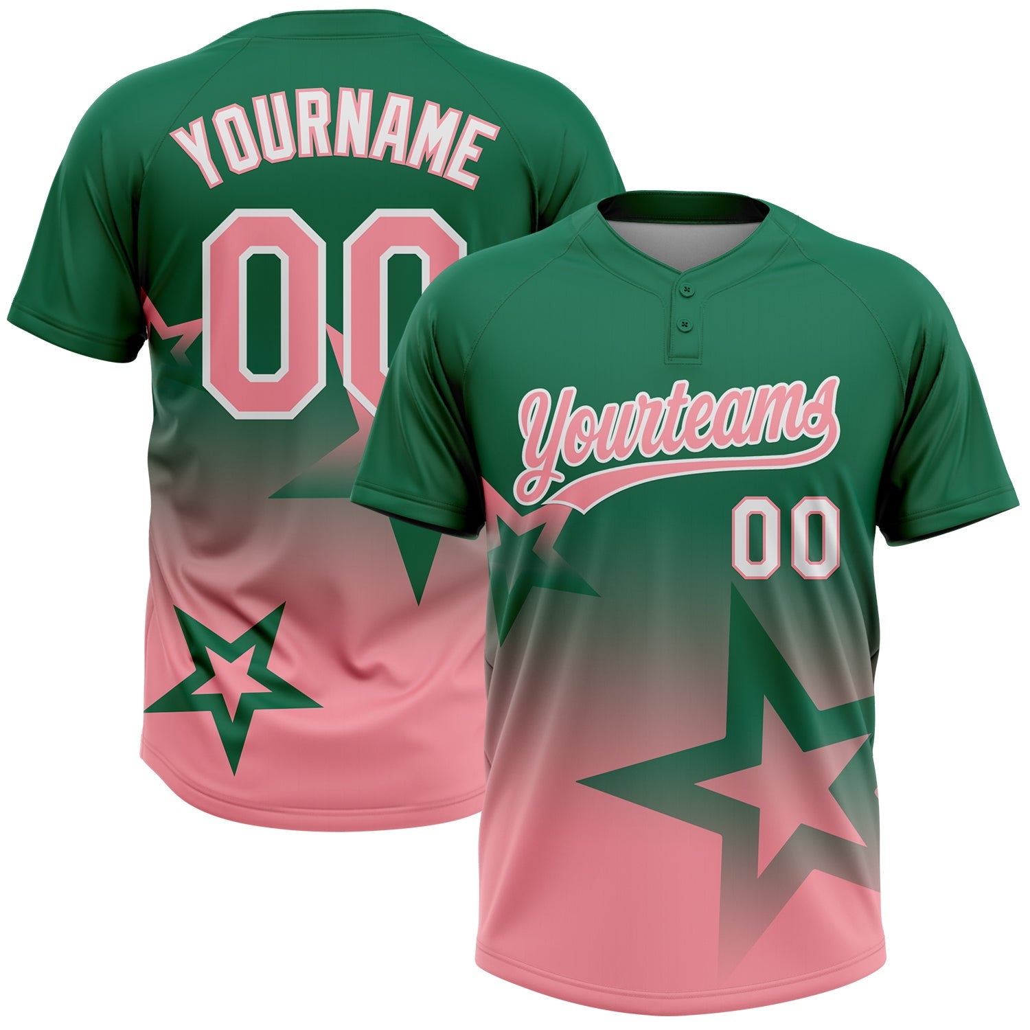 Custom Kelly Green Medium Pink-White Gradient Style Twinkle Star Two-Button Unisex Softball Jersey - Main View