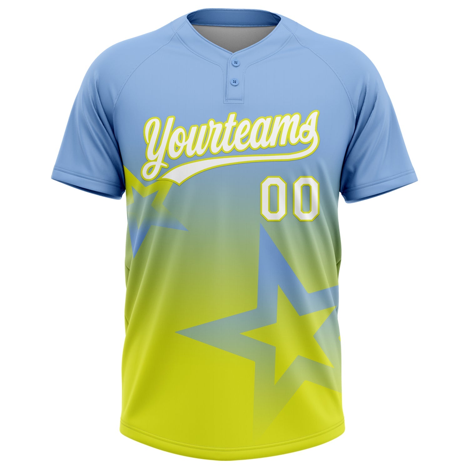 Custom Light Blue White-Neon Yellow Gradient Style Twinkle Star Two-Button Unisex Softball Jersey view 2