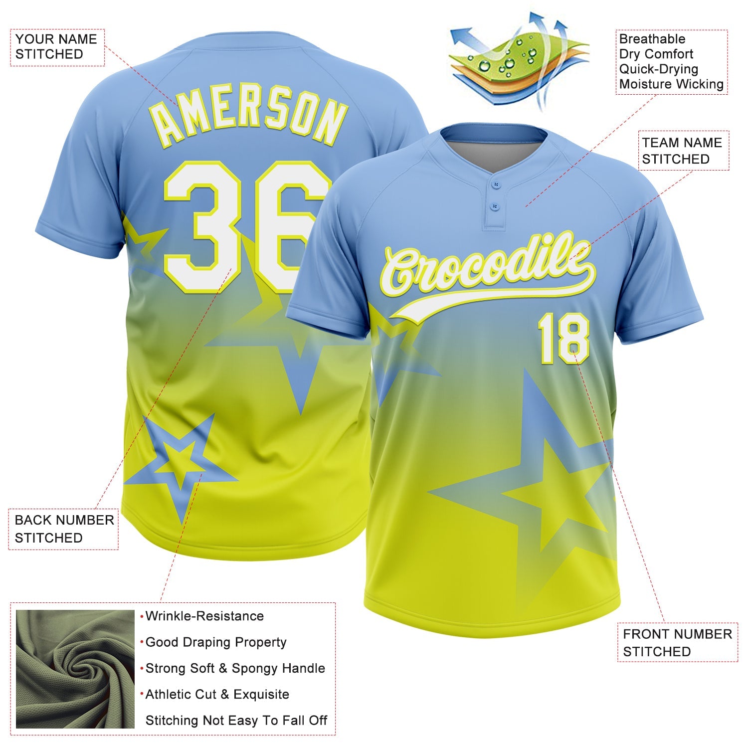 Custom Light Blue White-Neon Yellow Gradient Style Twinkle Star Two-Button Unisex Softball Jersey view 3
