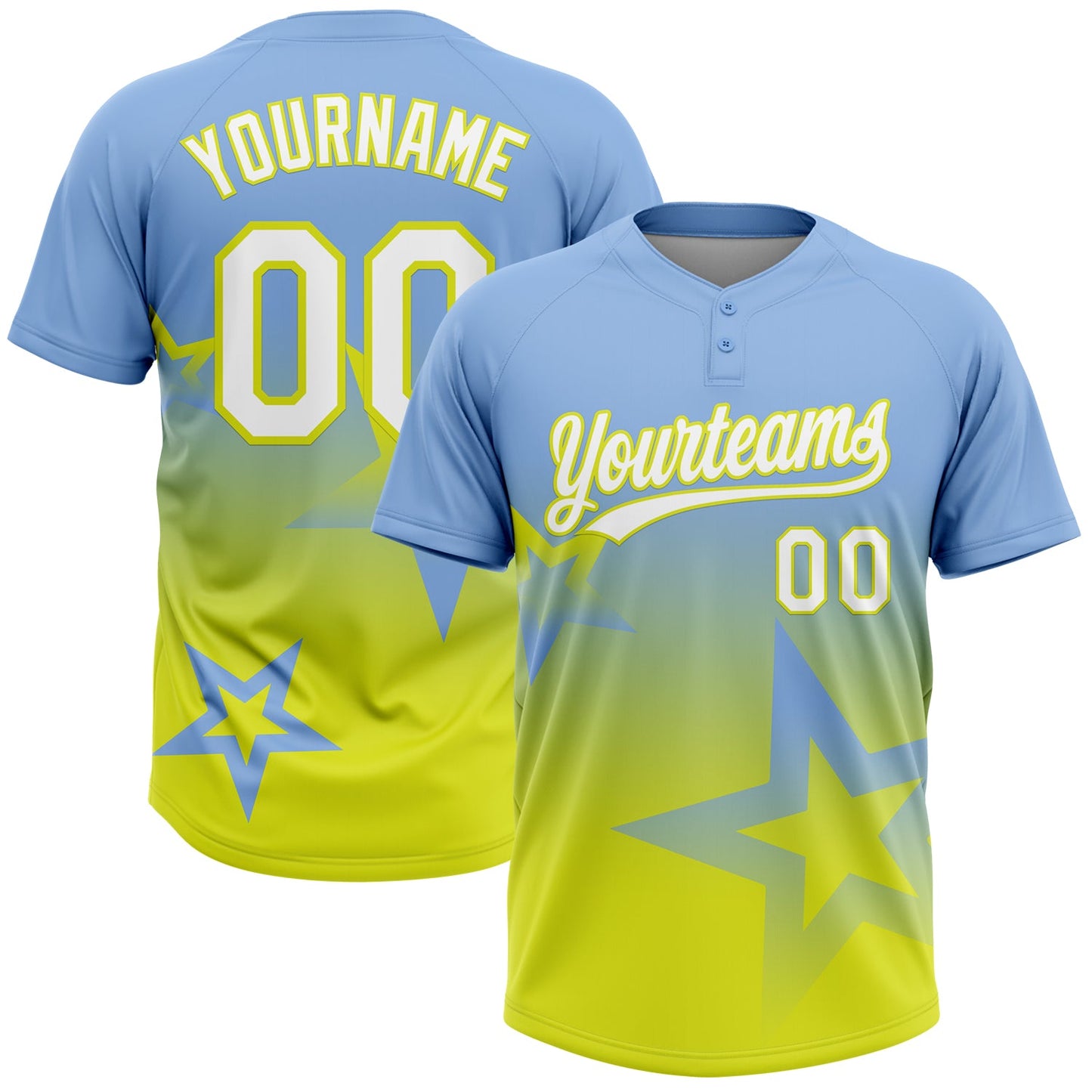 Custom Light Blue White-Neon Yellow Gradient Style Twinkle Star Two-Button Unisex Softball Jersey - Main View