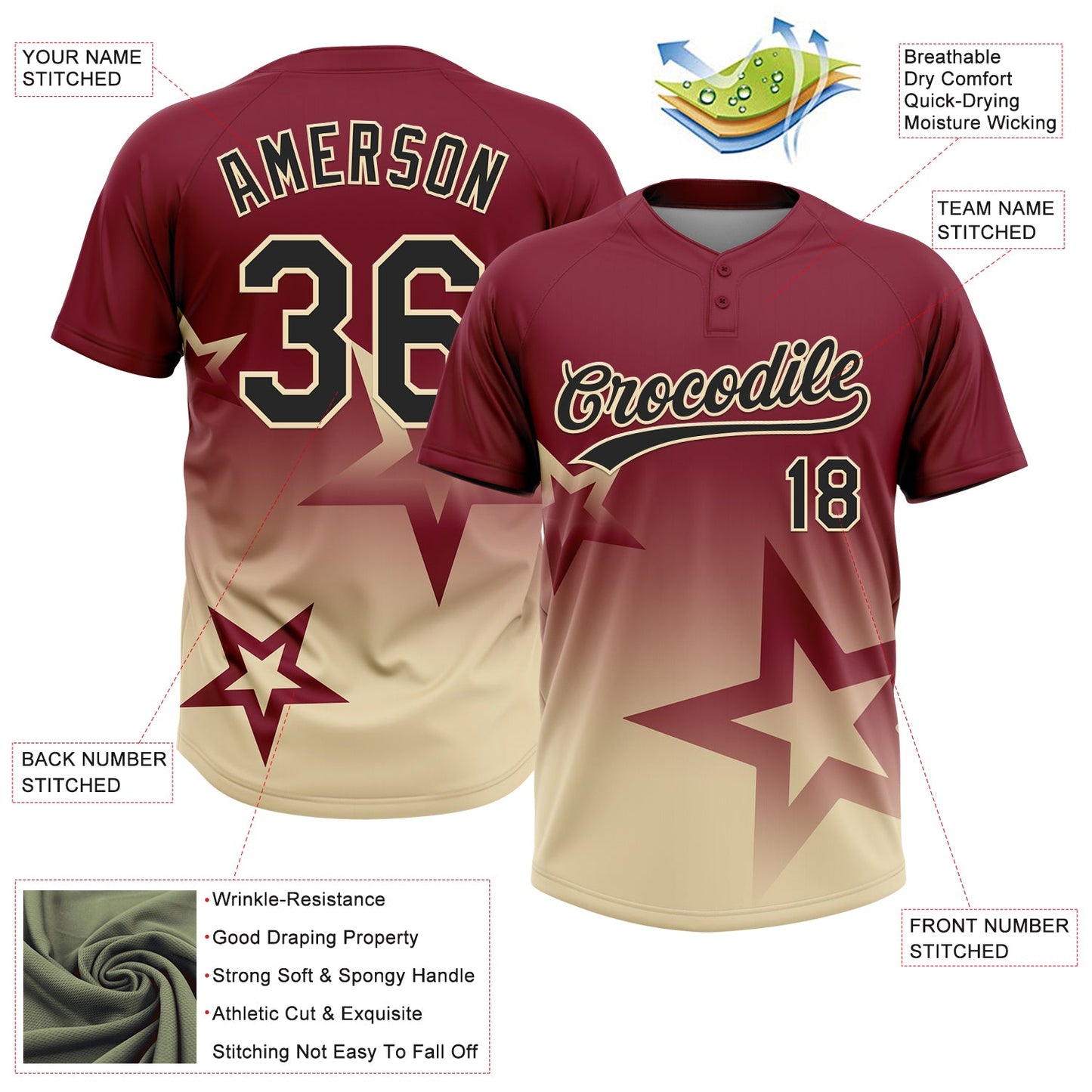 Custom Crimson Black-Cream Gradient Style Twinkle Star Two-Button Unisex Softball Jersey view 3