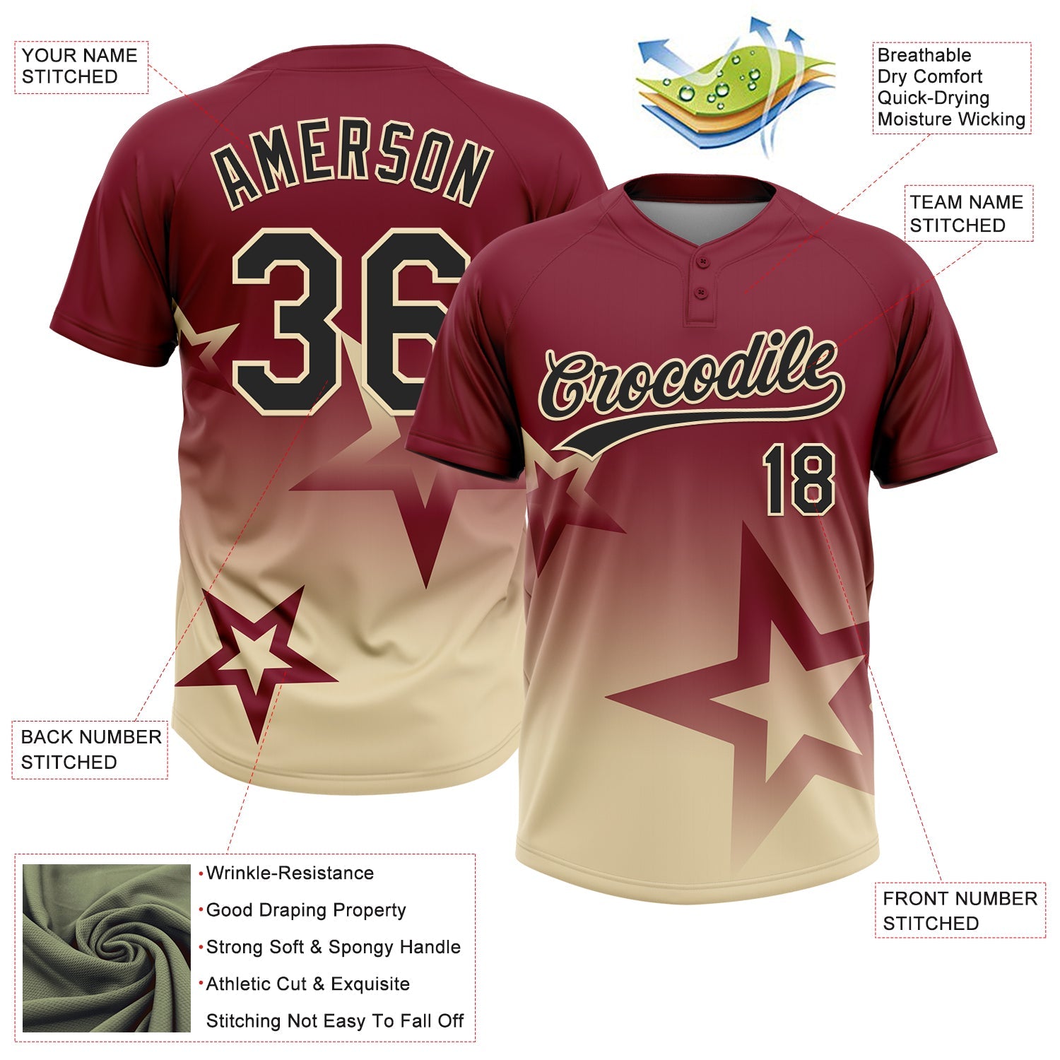 Custom Crimson Black-Cream Gradient Style Twinkle Star Two-Button Unisex Softball Jersey view 3