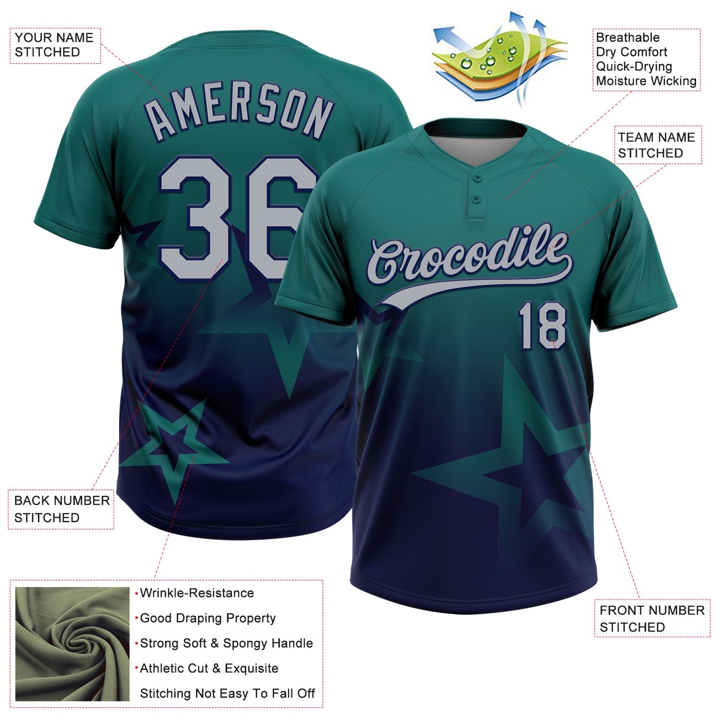 Custom Teal Gray-Navy Gradient Style Twinkle Star Two-Button Unisex Softball Jersey view 3
