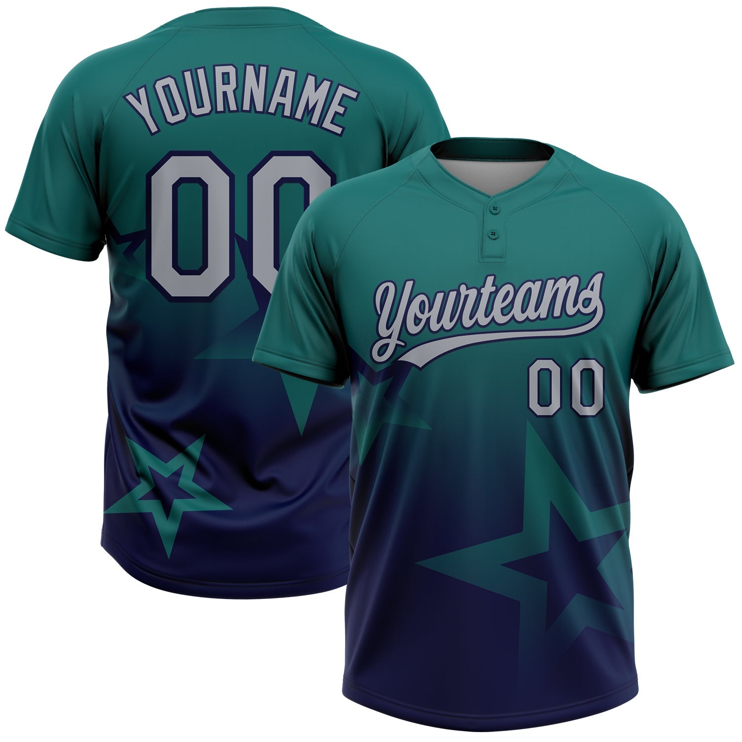 Custom Teal Gray-Navy Gradient Style Twinkle Star Two-Button Unisex Softball Jersey - Main View