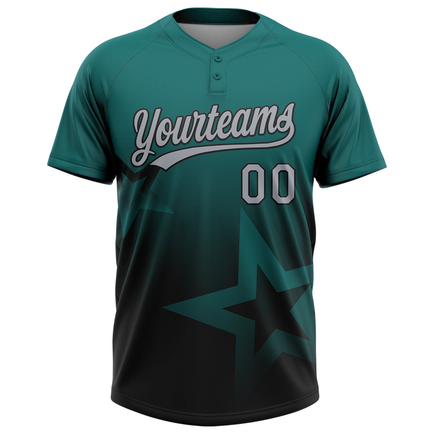 Custom Teal Gray-Black Gradient Style Twinkle Star Two-Button Unisex Softball Jersey view 2