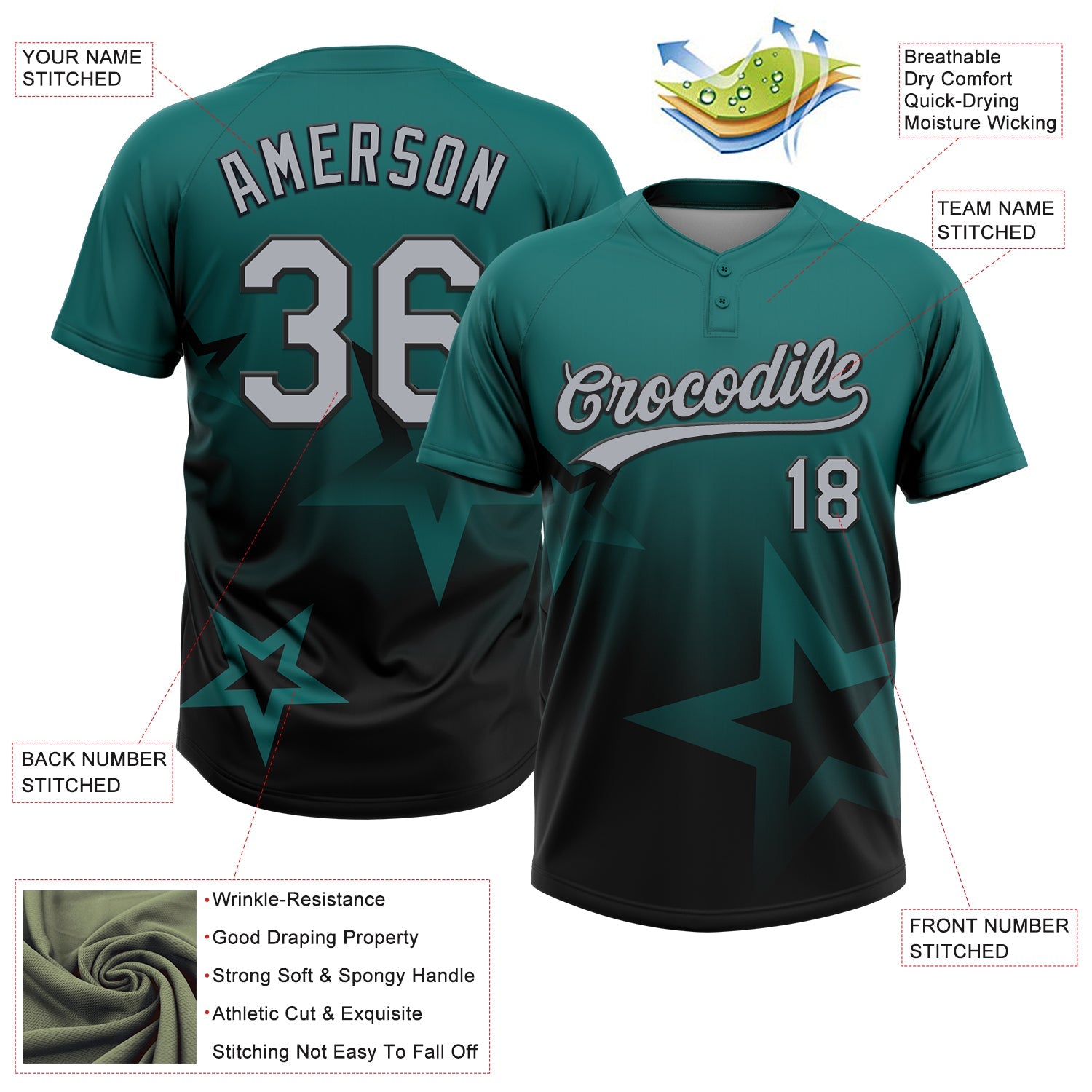 Custom Teal Gray-Black Gradient Style Twinkle Star Two-Button Unisex Softball Jersey view 3