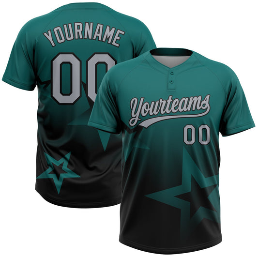 Custom Teal Gray-Black Gradient Style Twinkle Star Two-Button Unisex Softball Jersey - Main View
