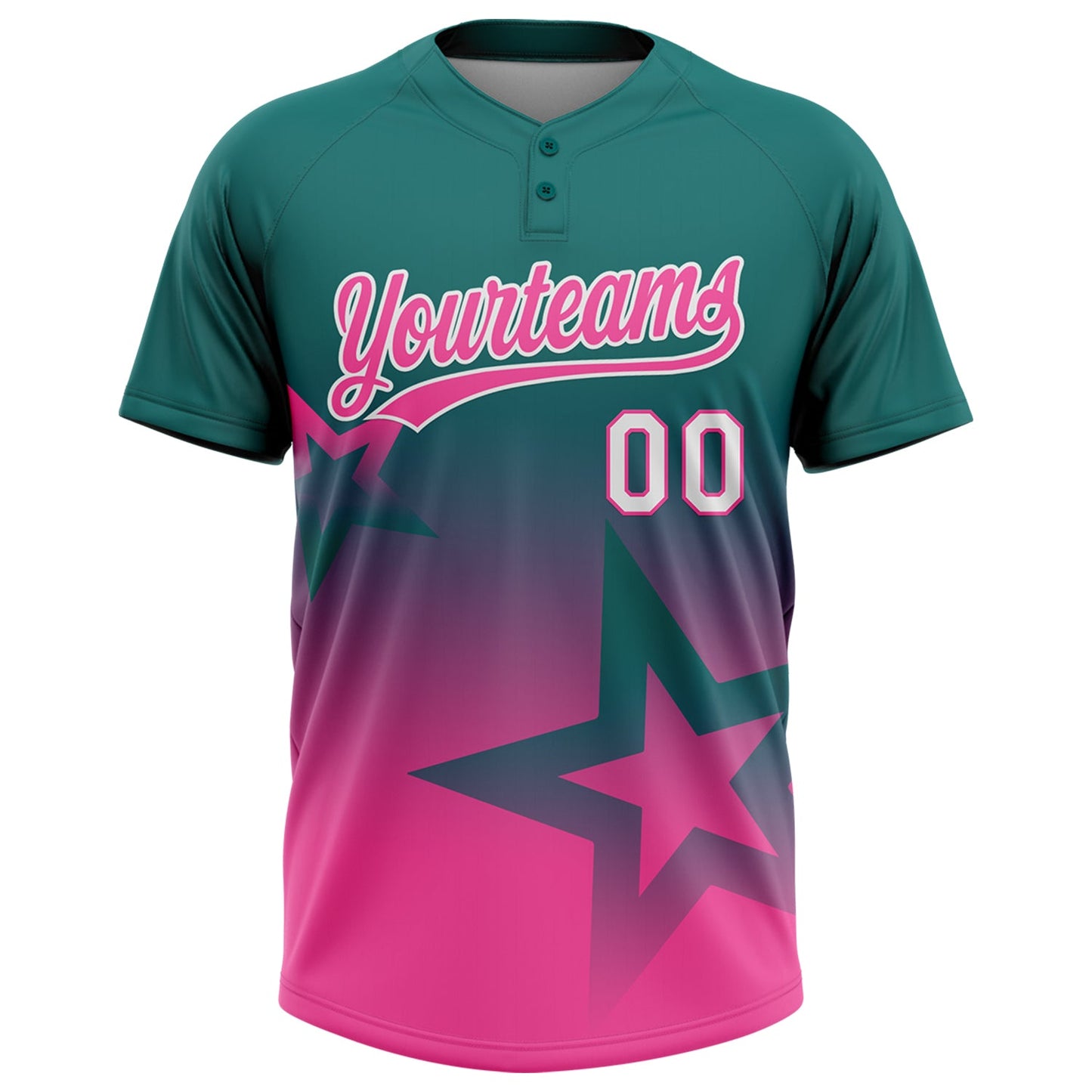 Custom Teal Pink-White Gradient Style Twinkle Star Two-Button Unisex Softball Jersey view 2