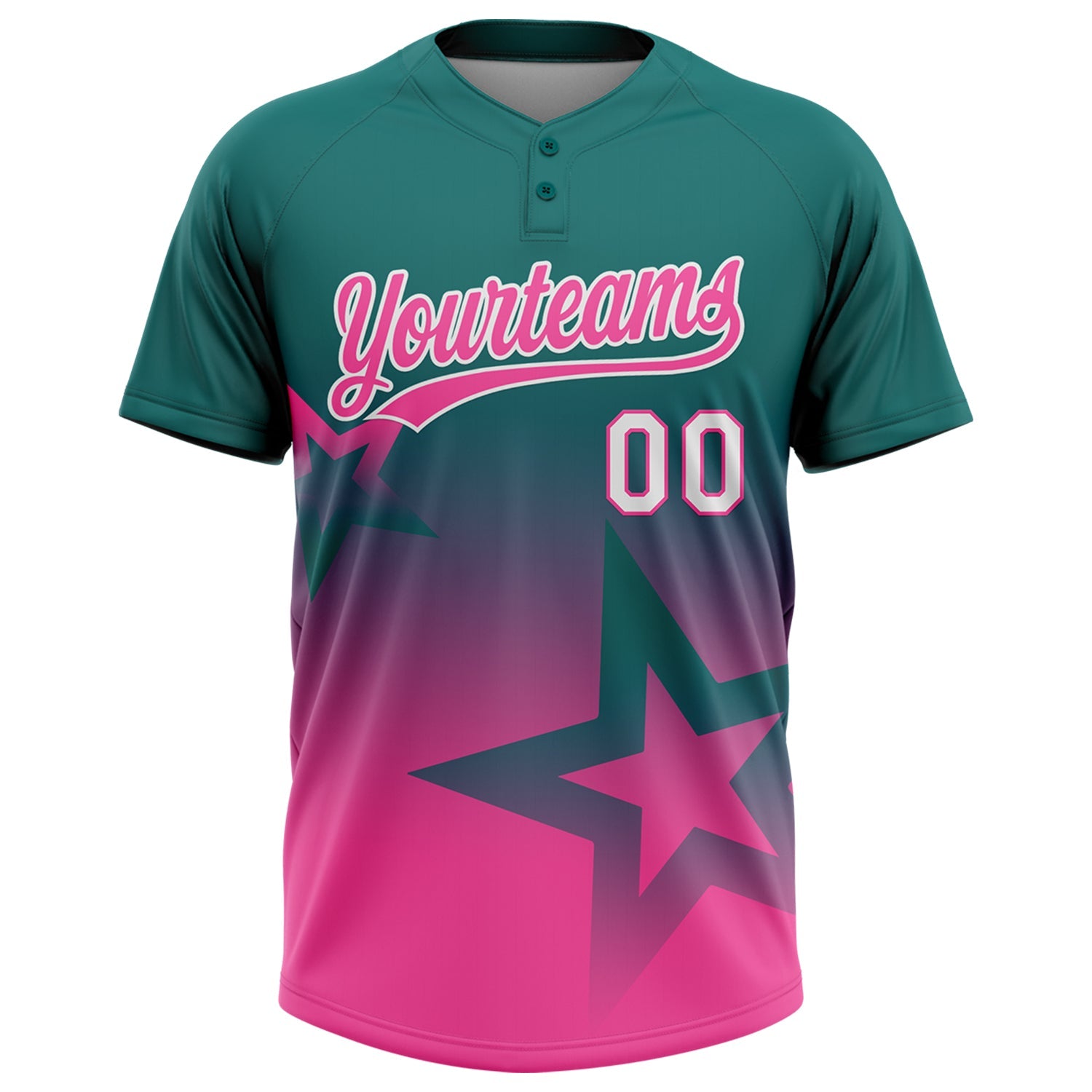 Custom Teal Pink-White Gradient Style Twinkle Star Two-Button Unisex Softball Jersey view 2