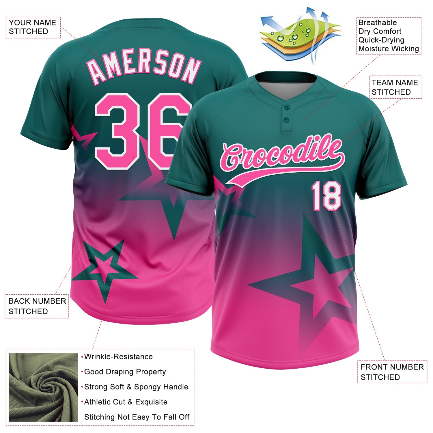 Custom Teal Pink-White Gradient Style Twinkle Star Two-Button Unisex Softball Jersey view 3