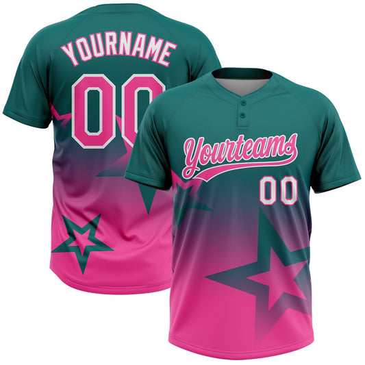 Custom Teal Pink-White Gradient Style Twinkle Star Two-Button Unisex Softball Jersey - Main View