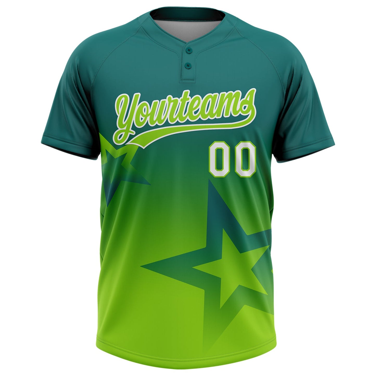 Custom Teal Neon Green-White Gradient Style Twinkle Star Two-Button Unisex Softball Jersey view 2