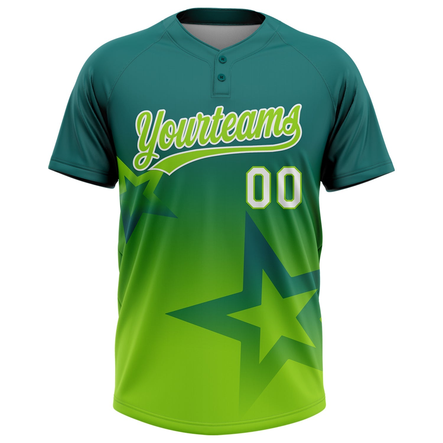 Custom Teal Neon Green-White Gradient Style Twinkle Star Two-Button Unisex Softball Jersey view 2