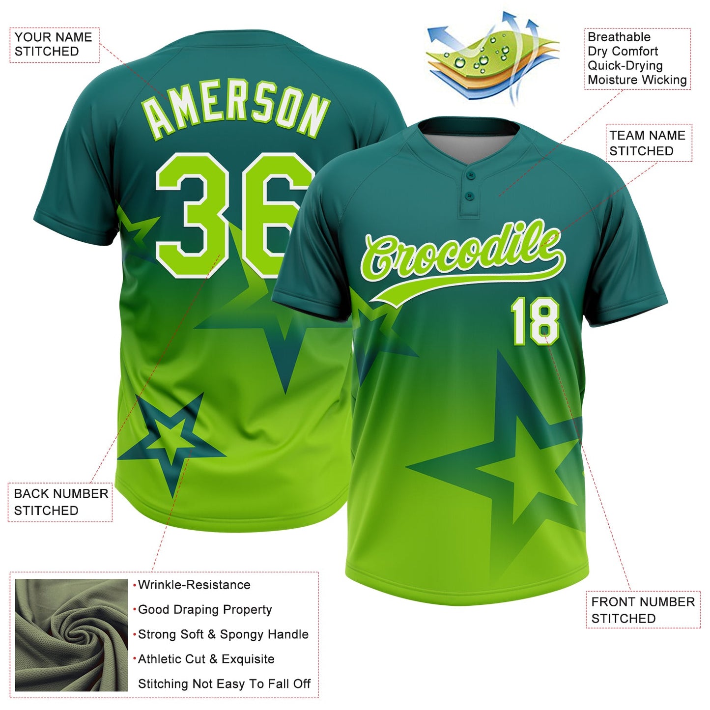 Custom Teal Neon Green-White Gradient Style Twinkle Star Two-Button Unisex Softball Jersey view 3