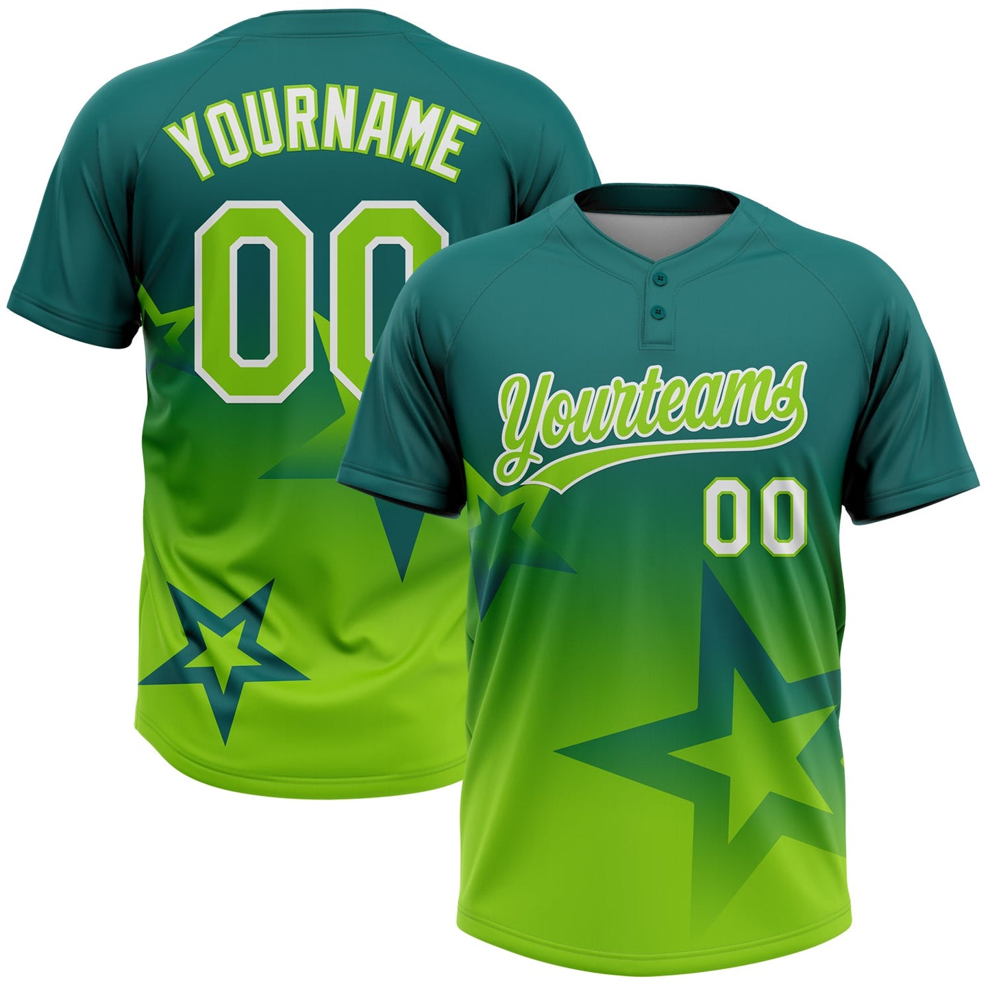 Custom Teal Neon Green-White Gradient Style Twinkle Star Two-Button Unisex Softball Jersey - Main View