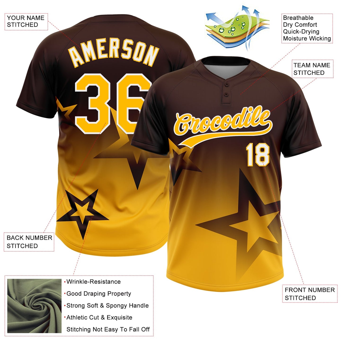 Custom Brown Gold-White Gradient Style Twinkle Star Two-Button Unisex Softball Jersey view 3