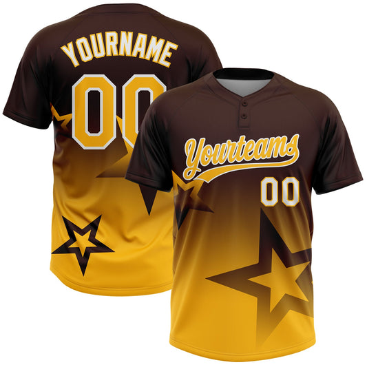 Custom Brown Gold-White Gradient Style Twinkle Star Two-Button Unisex Softball Jersey - Main View